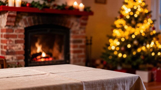 Empty dining table covered with tablecloth in cozy living room with burning fireplace and illuminated Christmas tree ideal for holiday background
