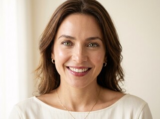 Fototapeta premium Portrait of attractive smiling brunette woman with natural makeup looking at camera