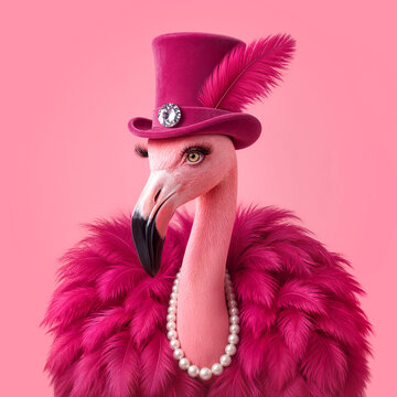 Flamingo wearing magenta top hat, feather coat and pearl necklace on pink background. Glamour, fashion, luxury, animal portrait and humor concept