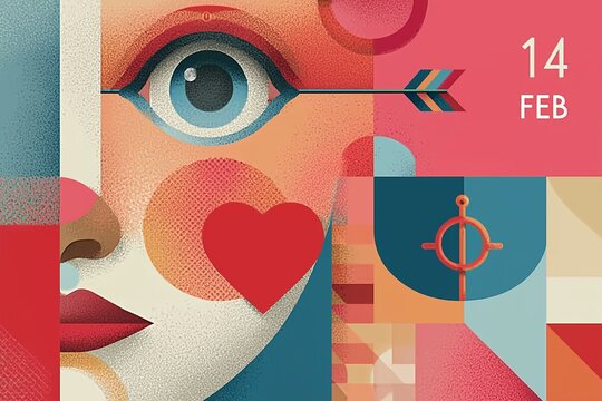 Geometric Valentine's Day portrait with heart, arrow, target, and February 14 date