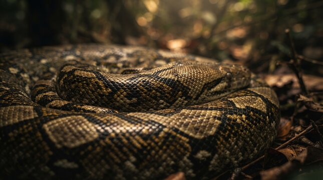 Coiled Python Snake in Lush Green Forest Undergrowth.