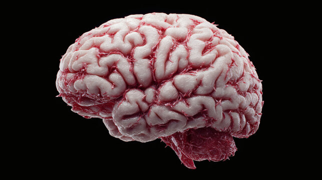Detailed 3D Render of a Human Brain on Black Background.