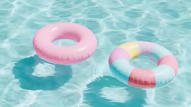 Summer hot vibe lifestyle. A vivid, topdown view of a swimming pool shows two inflatable rings floating in clear, turquoise water. The left ring is pink, and the right ring is pastel pink and yellow.