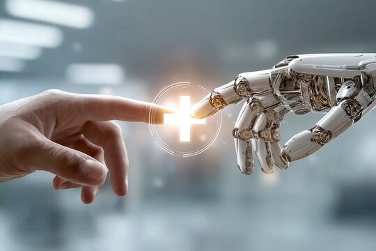Human and humanoid robot fingertips meet at a glowing digital interface