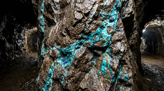 Turquoise copper ore vein in dark underground mine, raw mineral deposits on cavern rock wall, industrial mining tunnel with blue gemstone crystals