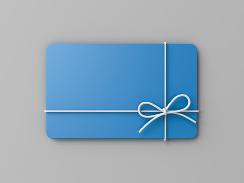 Blank blue business gift card mock up with white rope bow isolated on gray background with shadow minimal conceptual 3D rendering