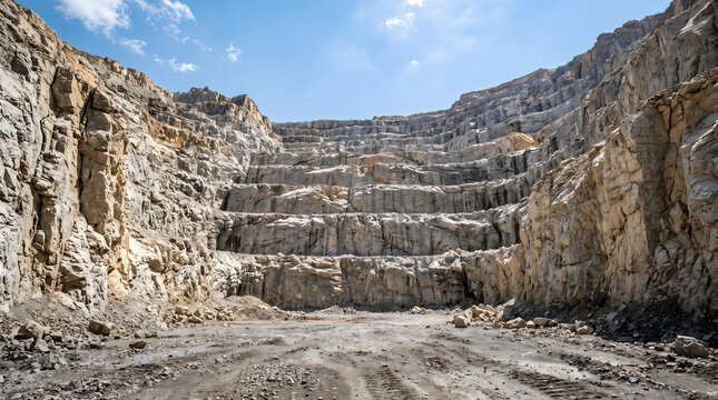 Open pit limestone quarry with terraced rock walls, industrial stone mine excavation site, deep granite canyon under blue sky