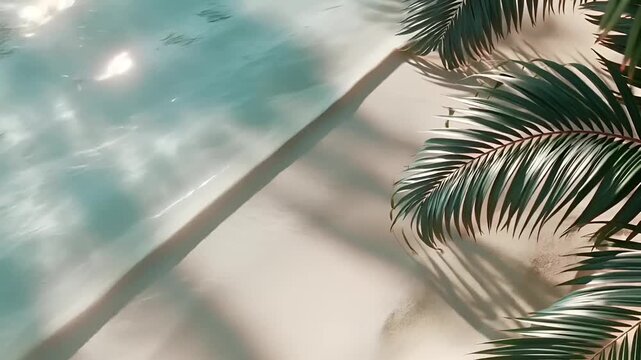 Summer hot vibe lifestyle. A vivid, topdown view of a tropical beach scene. The main subject is a pristine sandy beach with gentle waves crashing onto the shore. The water is a deep turquoise.