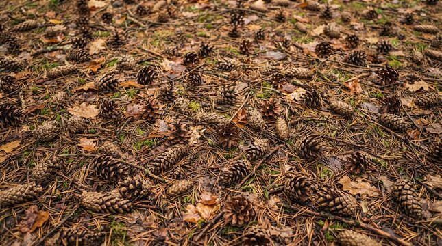 Forest floor covered with pine cones and dry leaves in autumn.