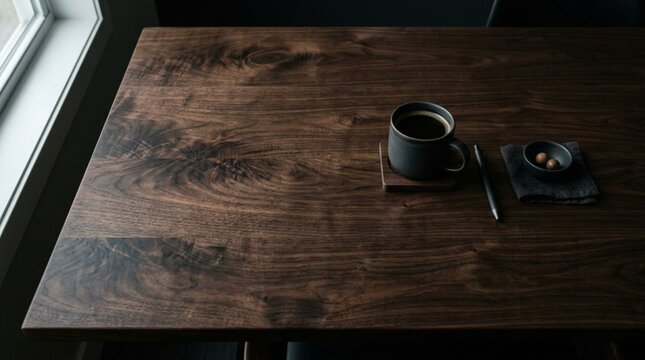Cozy morning coffee on a rustic wooden table, natural light from window