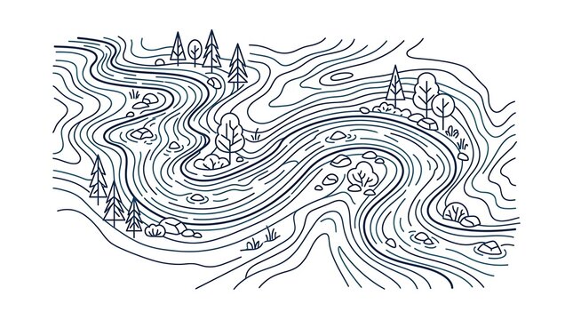 Winding river and forest landscape in minimalist line art style