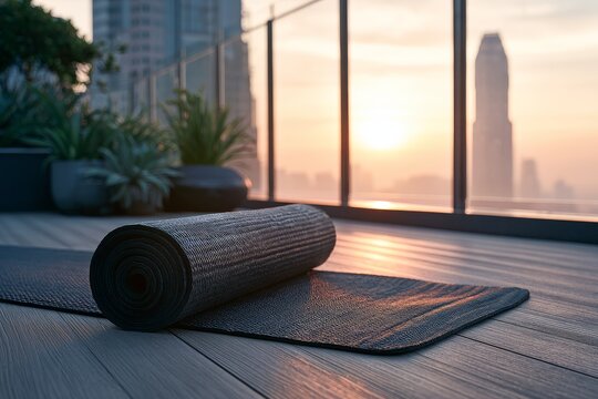 A rooftop yoga corner in city morning light featuring rolled mat, balanced front-facing composition.