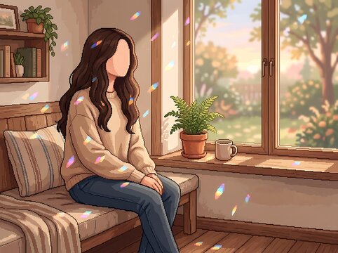 Woman by Window in Morning Prism Light &ndash; Peaceful Pixel Art Illustration