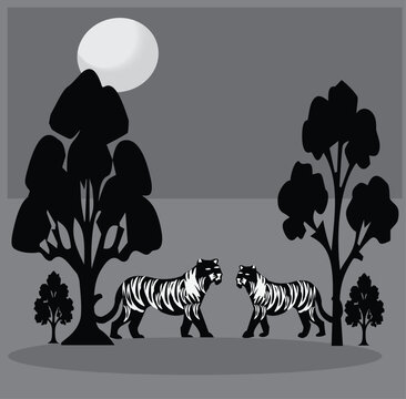 2 tiger and tree vector solid color ,sky, tree, moon