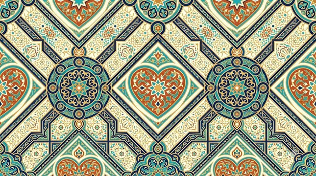 Intricate middle eastern geometric pattern featuring ornate heart shapes and circular medallions with vibrant shades of royal blue turquoise and warm terracotta orange creating a sophisticated