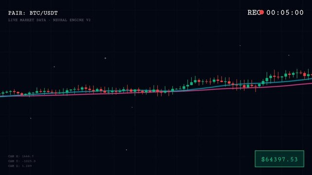 Animation of cryptocurrency to USDT live market data trading chart displaying a strong bullish trend with rising green candlesticks and moving averages