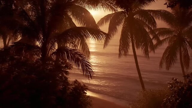 Summer hot vibe lifestyle. A vivid portrayal of a tropical beach at sunset. The sky is painted in warm hues of orange, yellow, and pink, with the sun casting a golden glow over the water.