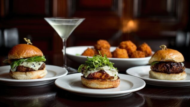 Three mini burgers, salad greens, and fried fritters are on white plates with a martini in a restaurant
