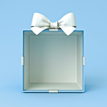 Blank blue gift box mockup exhibition booth products display stand showcase or opened present box tied with white ribbon bow isolated on light blue pastel background creative idea concept 3D rendering