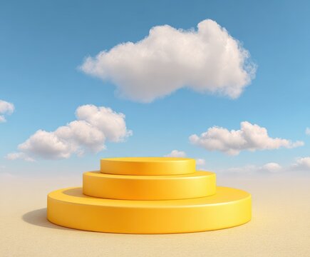 Three-tiered, yellow stage against a light tan ground and blue sky dotted with fluffy white cumulus clouds