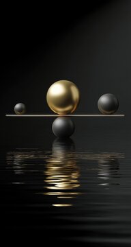 Three spheres in a balancing act, with gold, black, and gray tones, mirrored on a rippled surface against a dark backdrop