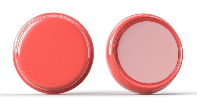 Two identical glossy, circular objects; one showing a flat, coral-colored surface and the other displaying an inner pink surface