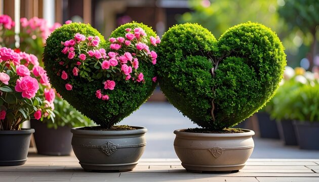 Two heart-shaped topiary bushes in pots, decorated with pink flowers, sit on a brick patio. Other plants frame the shot