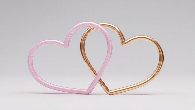 Two intertwined heart shapes, one pink and one gold, creating a symbol of connection against a soft, blurred background