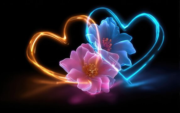 Two luminous heart-shaped outlines with glowing flowers inside, set against a dark backdrop. The composition is vibrant and romantic