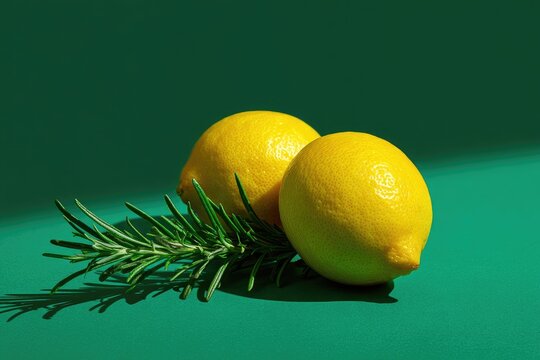 Two vibrant yellow citrus fruits and fresh green herb sprig are set against a solid emerald green backdrop, casting shadows