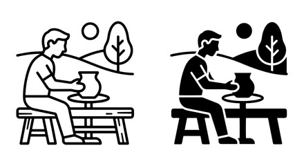 Fototapeta premium Pottery Making Icon Set, Ceramic Crafting Line Art and Silhouette, Artist at Wheel