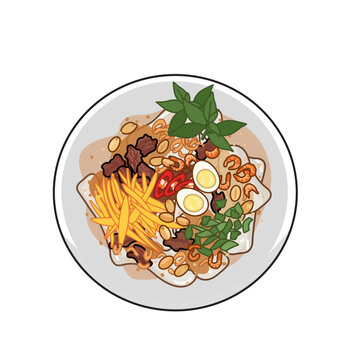 Vietnamese street food Banh Trang Tron with shredded green mango quail eggs and dried beef flat design graphic