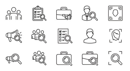 Fototapeta premium Set of monochrome line icons showing people, documents, and tools in a business and technology context.