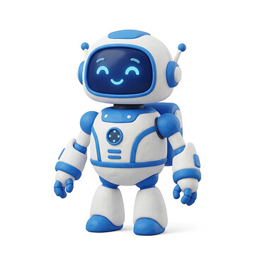 Cute cartoon robot with smiling face and friendly expression standing upright transparent background