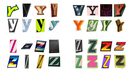 Magazine cutout letters Y and Z. Ransom note style typography PNG overlay. © Mavric