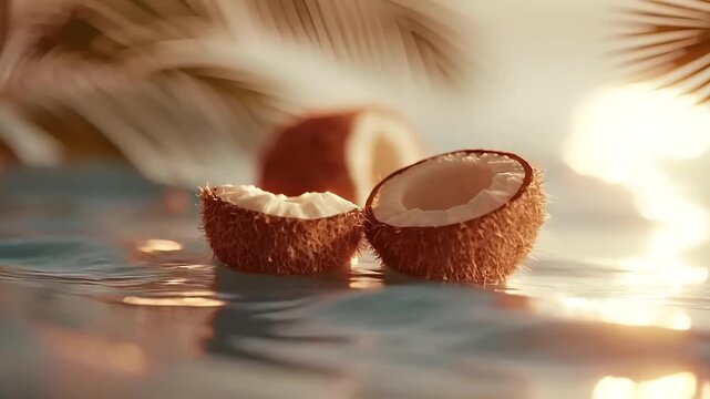 Summer hot vibe lifestyle. A closeup shot of two halves of a coconut submerged in water. The coconut is illuminated by the warm, golden light of the setting sun, casting a golden hue over the scene.