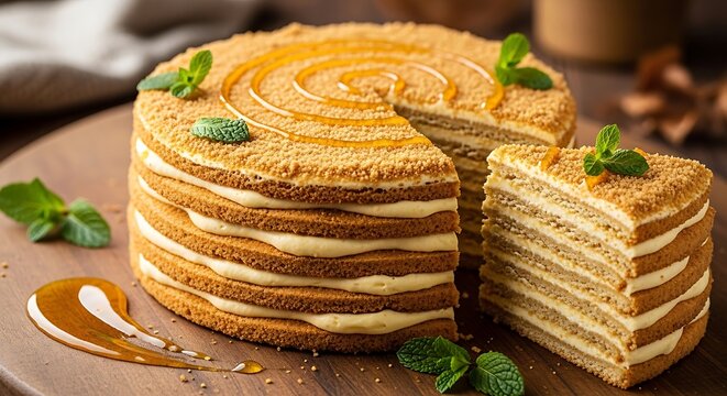 Slice of multilayered honey cake on wooden board with homemade delicious celebration culinary refreshing close-up isolated delicacy