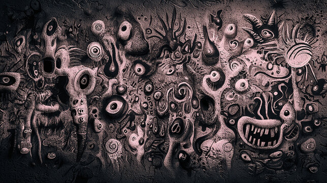 Surreal spooky background with strange eyes and creepy monsters in dark pink and black tones