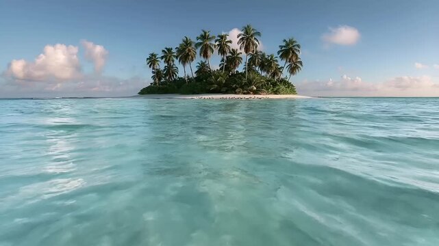Summer hot vibe lifestyle. A vivid portrayal of a tropical paradise. A pristine white sandy island is the central focus, surrounded by crystal clear turquoise waters. Tall.
