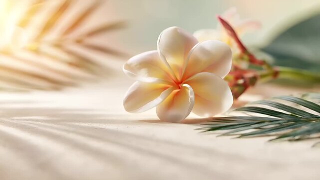Summer hot vibe lifestyle. A closeup of a white frangipani flower with a gradient of pink and yellow petals. The flower is placed on a soft, textured surface, likely a tablecloth or tablecloth.
