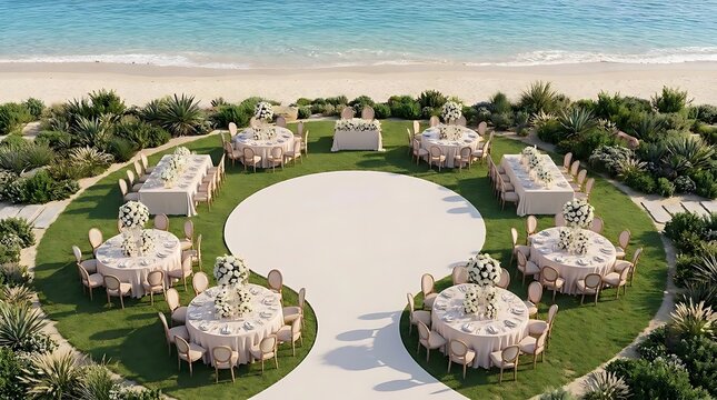A luxury outdoor oceanfront wedding layout featuring elegant round tables with white floral centerpieces arranged around a central circular dance floor