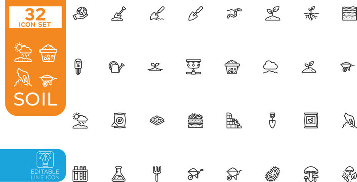Editable line Vector illustration icon set.featuring agriculture, earth, ground, compost, farming, nature, and geology. Professional editable vector illustration on transparent background.Editable lin