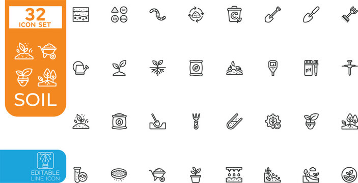 Editable line Vector illustration icon set.featuring agriculture, earth, ground, compost, farming, nature, and geology. Professional editable vector illustration on transparent background.Editable lin