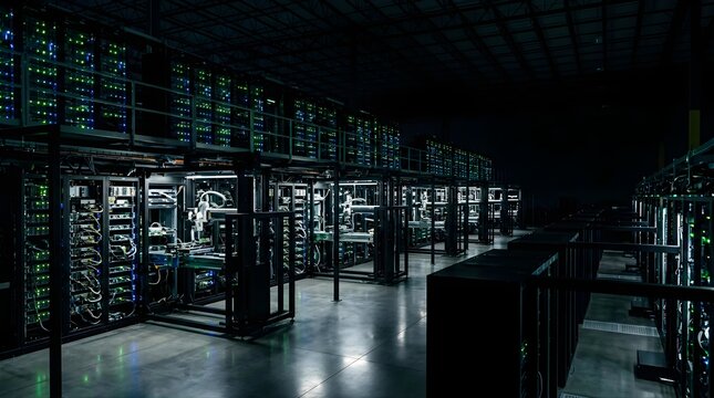 Rows of server racks in a dark modern data center facility