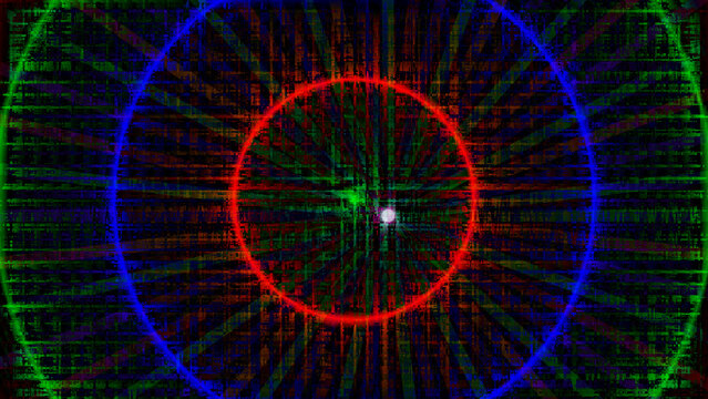 Target with red and green circles on pixelated night vision view