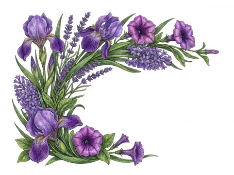 Purple floral bouquet corner arrangement isolated on transparent background
