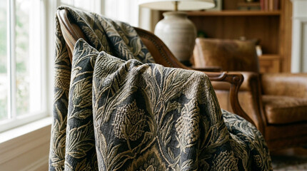Obraz premium Cozy armchair draped with tapestry throw blanket, featuring botanical motif, in sunlit room