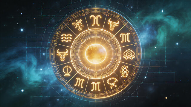 Zodiac wheel with celestial background