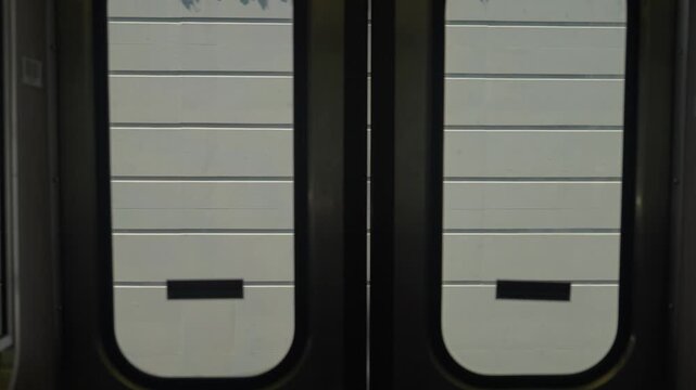 A blurred view through train windows captures motion and speed while traveling through the city. The scene reflects urban transit and movement inside public transportation.