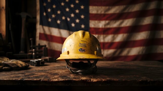 Yellow hard hat on a rustic wooden workbench with an american flag background for labor day celebration